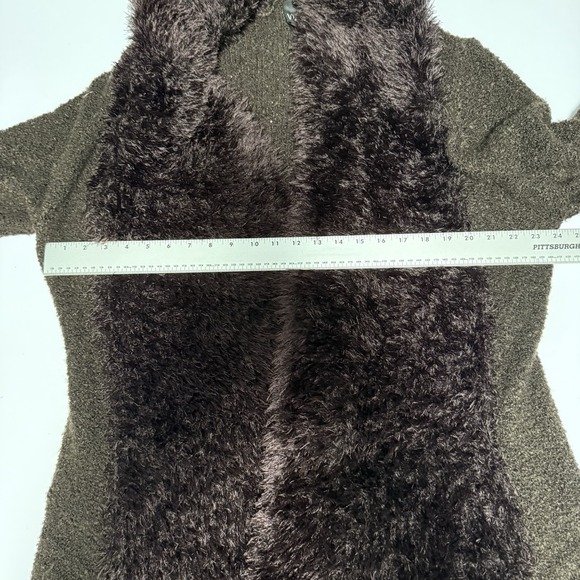Noelle Enterprises Longline Brown Boucle Sweater Cardigan Faux Fur Trim Cashmere - Picture 12 of 13